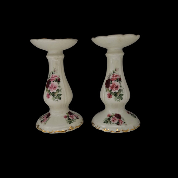 Formalities by Baum Bros Rose Floral Candlestick Holders Pair Gold Trim - Picture 3 of 6